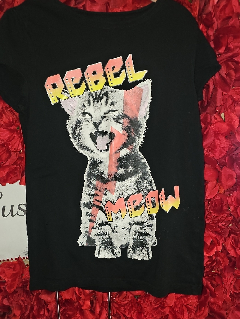 Crazy 8 Girls Black Tee with Pink & Yellow 'Rebel Meow' Kitten Graphic Size 7/8